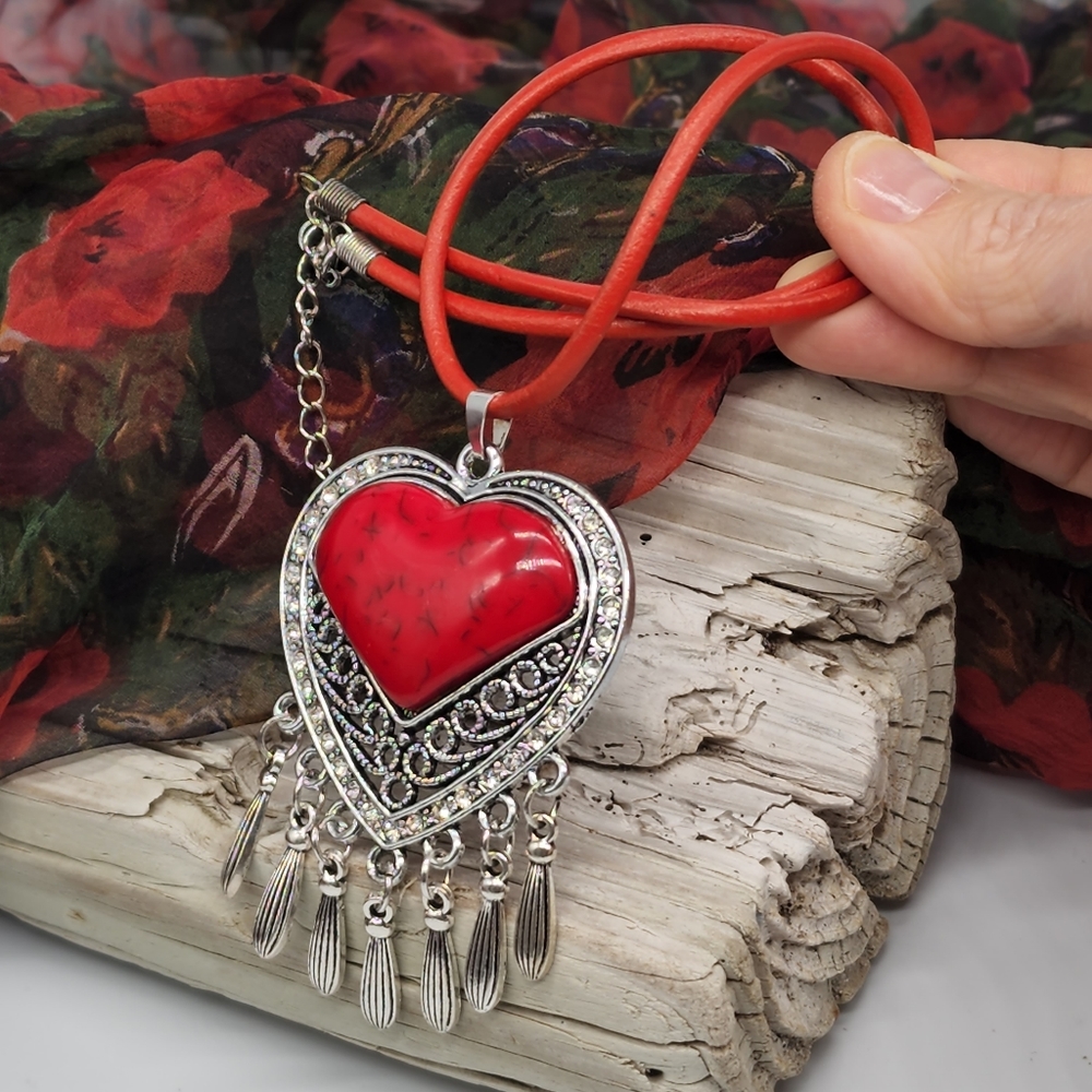 Genuine Red Leather Cord Necklace Silver Stone Heart Jewelry